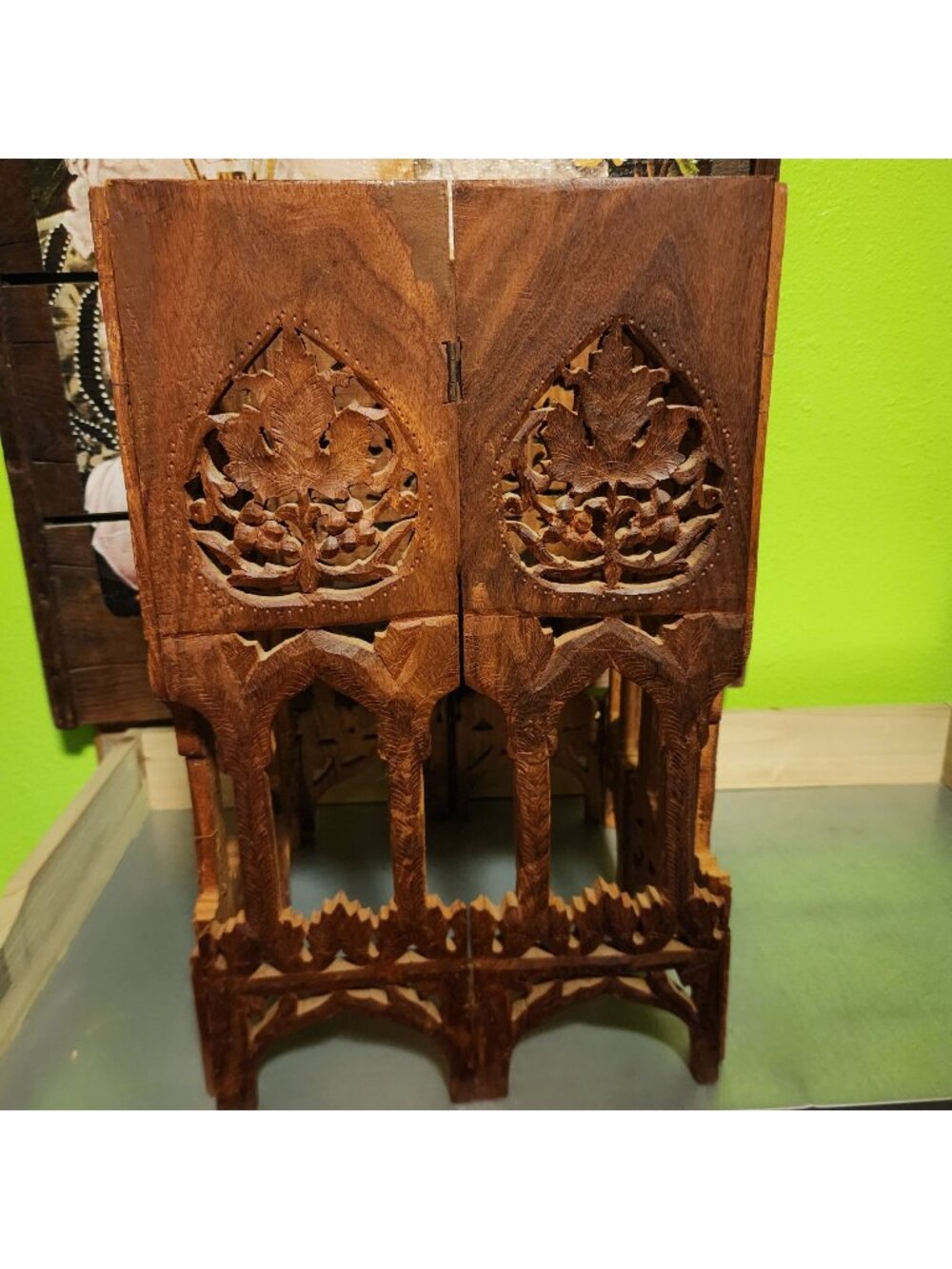 Vintage Hand-Carved Wooden Folding Teak Table Base Intricate Floral Design